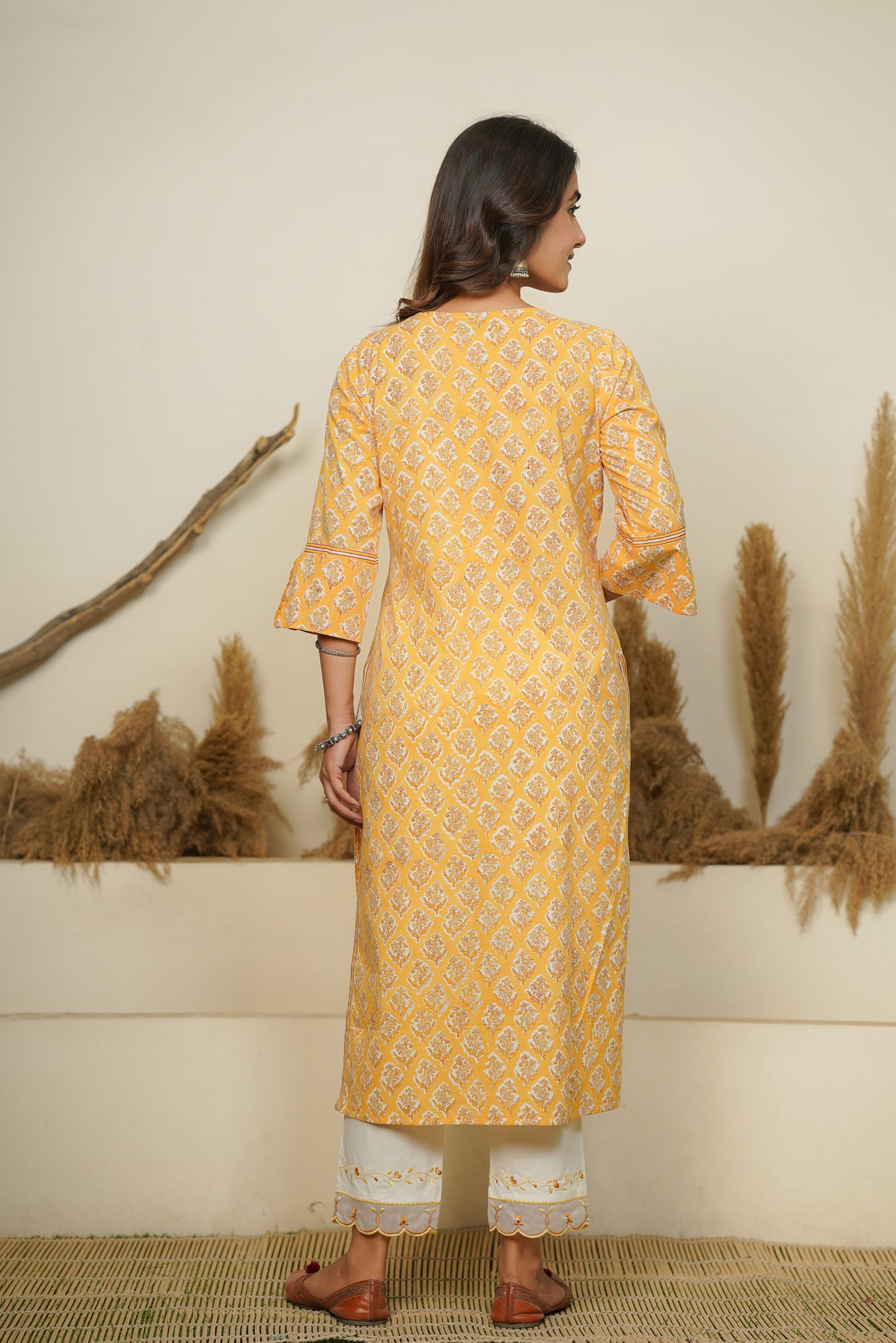 YELLOW HAND BLOCK PRINTED PRINCESS LINE KURTA