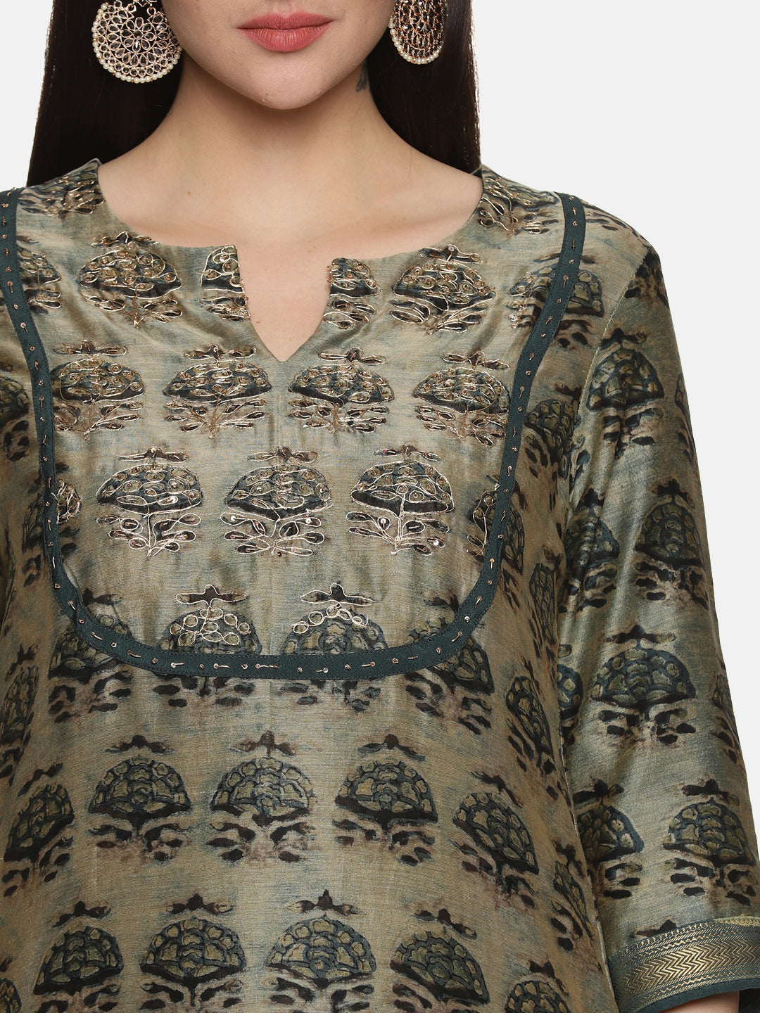 GREEN AJRAK BLOCK PRINT KURTA SET IN CHANDERI