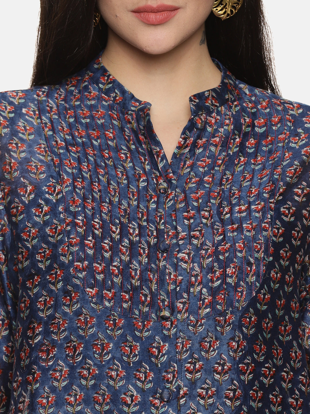 BLUE FORMAL BLOCK PRINT SHIRT IN CHANDERI