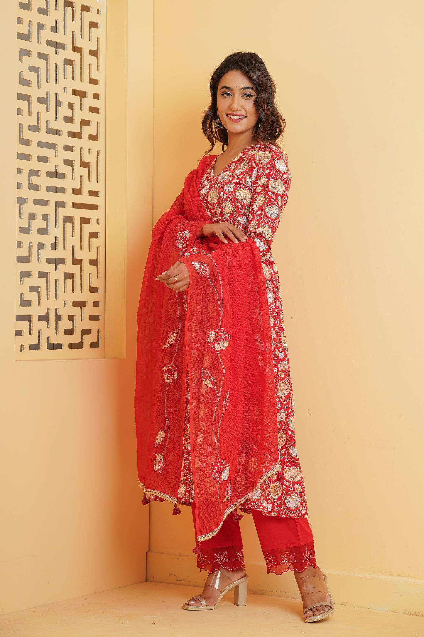 RED FLORAL BLOCK PRINT GATHER ANARKALI KURTA SET
