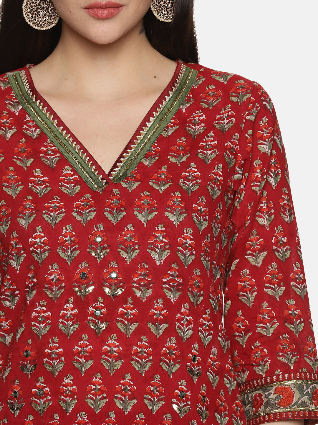 RED BLOCK PRINT STRAIGHT KURTA