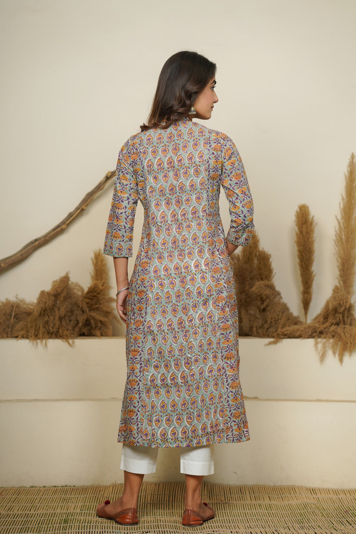 SEA GREEN HAND BLOCK PRINTED PRINCESS LINE KURTA