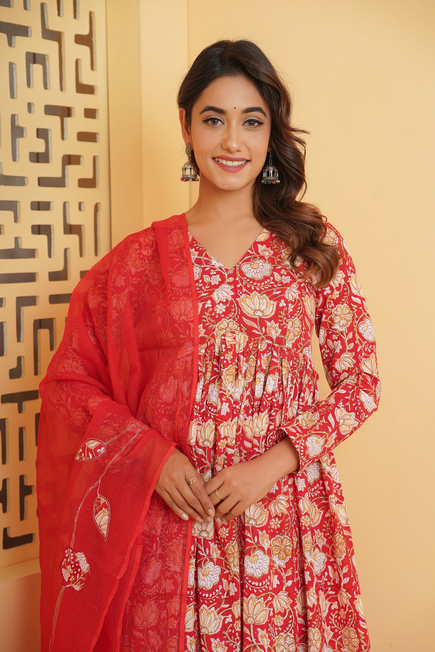 RED FLORAL BLOCK PRINT GATHER ANARKALI KURTA SET