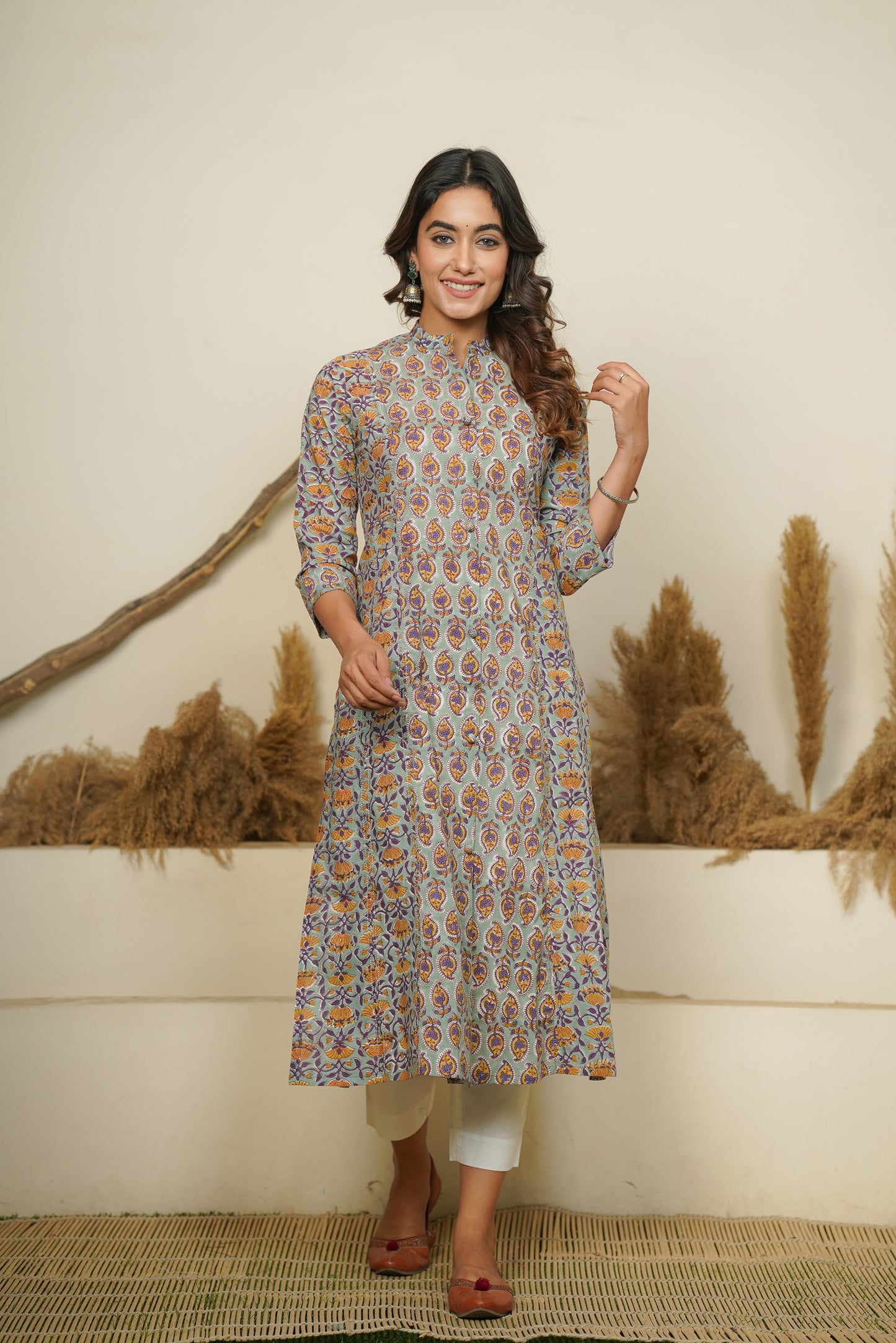 SEA GREEN HAND BLOCK PRINTED PRINCESS LINE KURTA