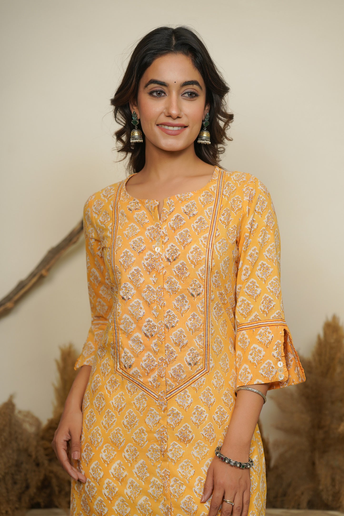 YELLOW HAND BLOCK PRINTED PRINCESS LINE KURTA