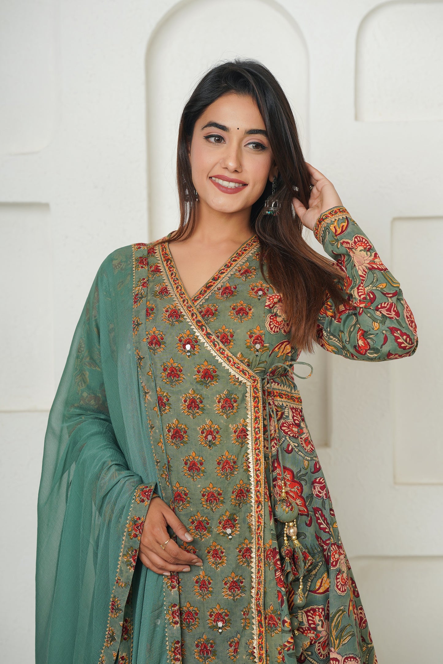 GREEN HANDBLOCK PRINTED FLORAL ANGRAKHA KURTA SET
