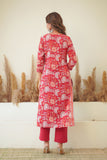 RED FLORAL BLOCK PRINT KURTA WITH SILVER PITTAN WORK