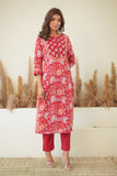 RED FLORAL BLOCK PRINT KURTA WITH SILVER PITTAN WORK