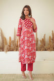 RED FLORAL BLOCK PRINT KURTA WITH SILVER PITTAN WORK