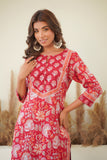 RED FLORAL BLOCK PRINT KURTA WITH SILVER PITTAN WORK
