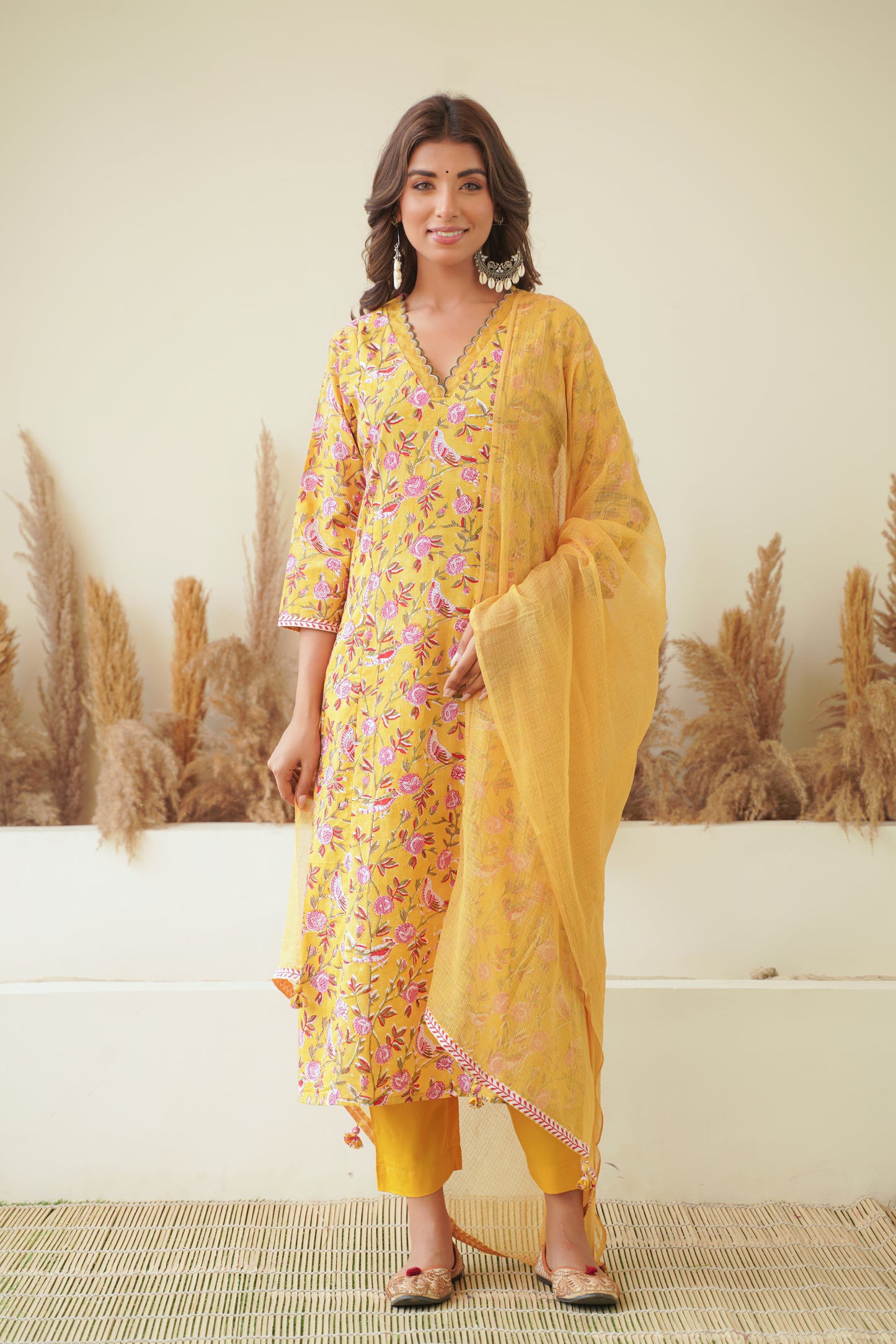 Mustard Floral Block Print Princess Line Kurta Set