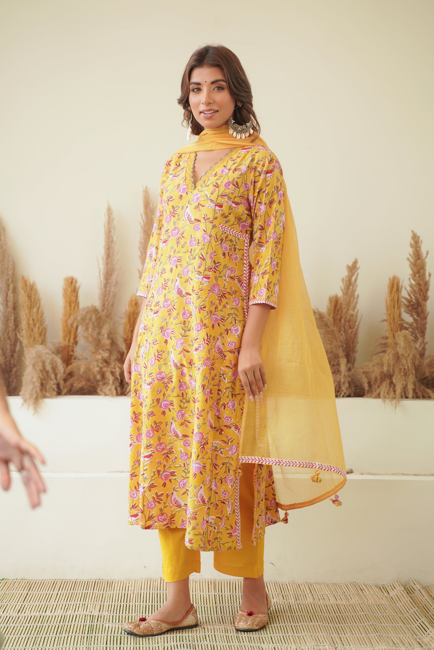 Mustard Floral Block Print Princess Line Kurta Set