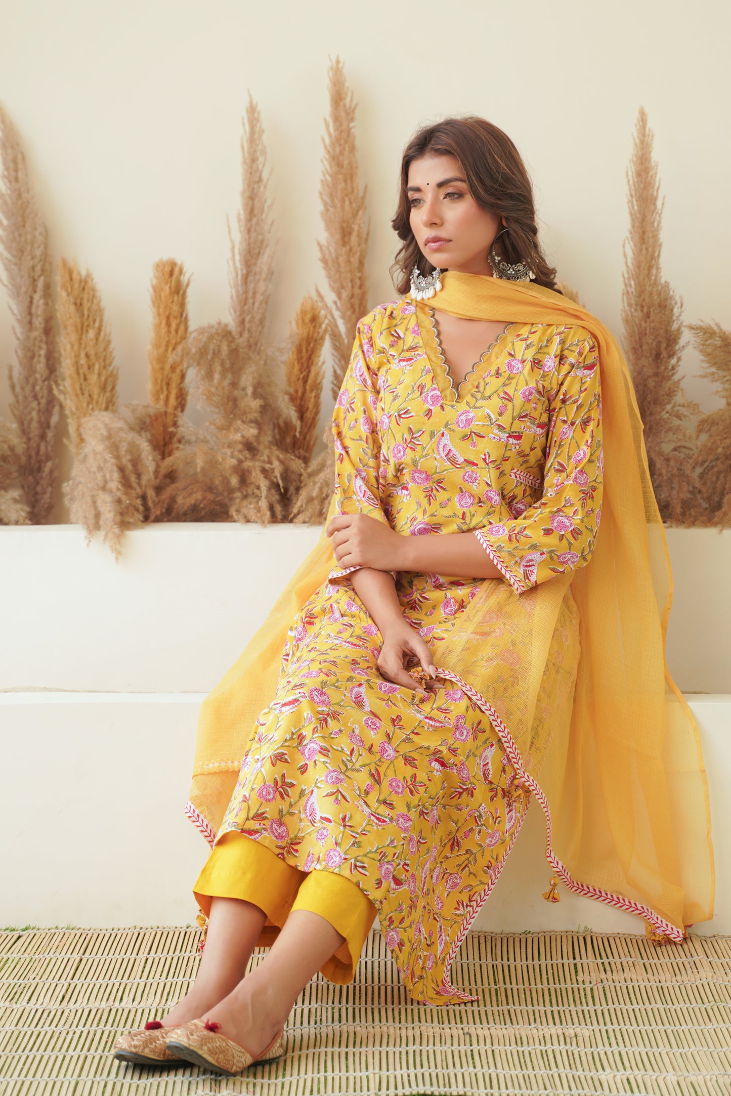 Mustard Floral Block Print Princess Line Kurta Set