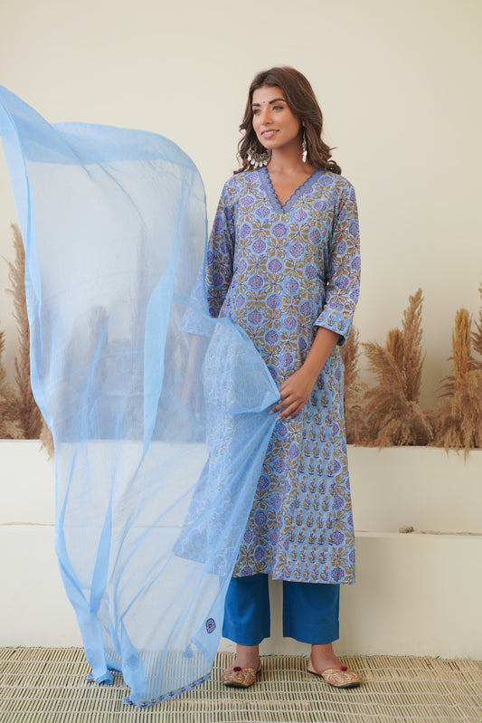 BLUE FLORAL BLOCK PRINT KURTA SET