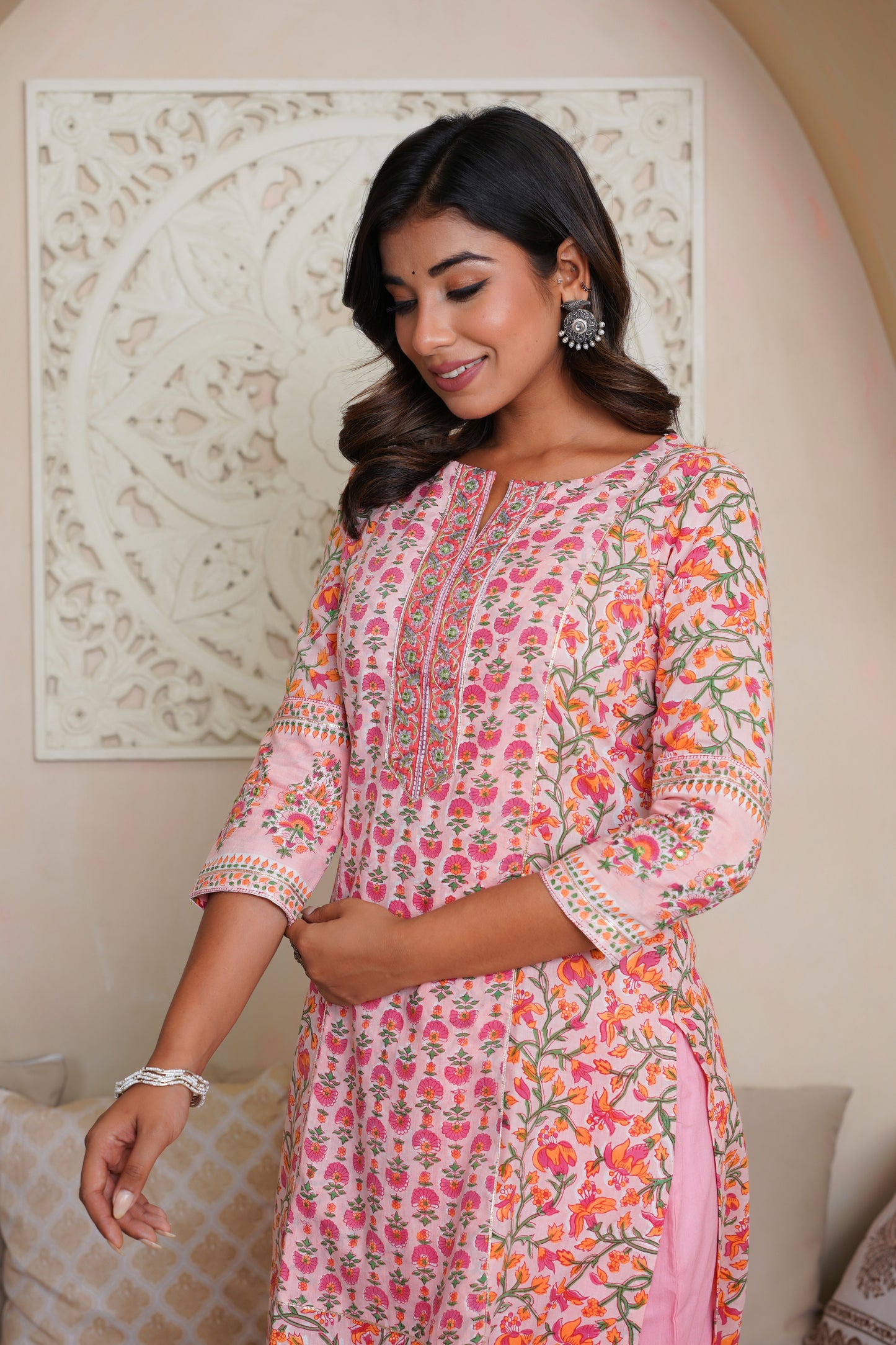 PINK HAND BLOCK PRINTED PRINCESS LINE KURTA WITH EMBELISHED WITH EMBROIDERY