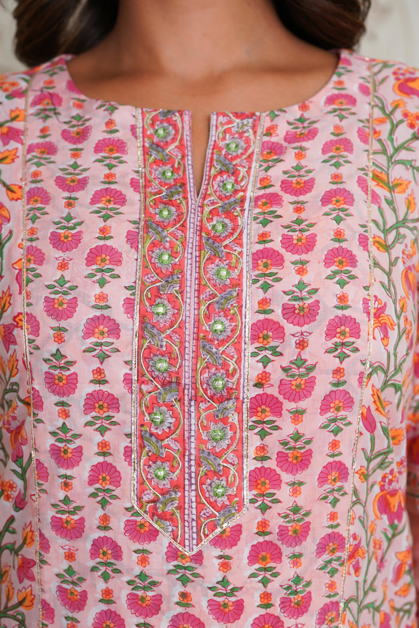 PINK HAND BLOCK PRINTED PRINCESS LINE KURTA WITH EMBELISHED WITH EMBROIDERY