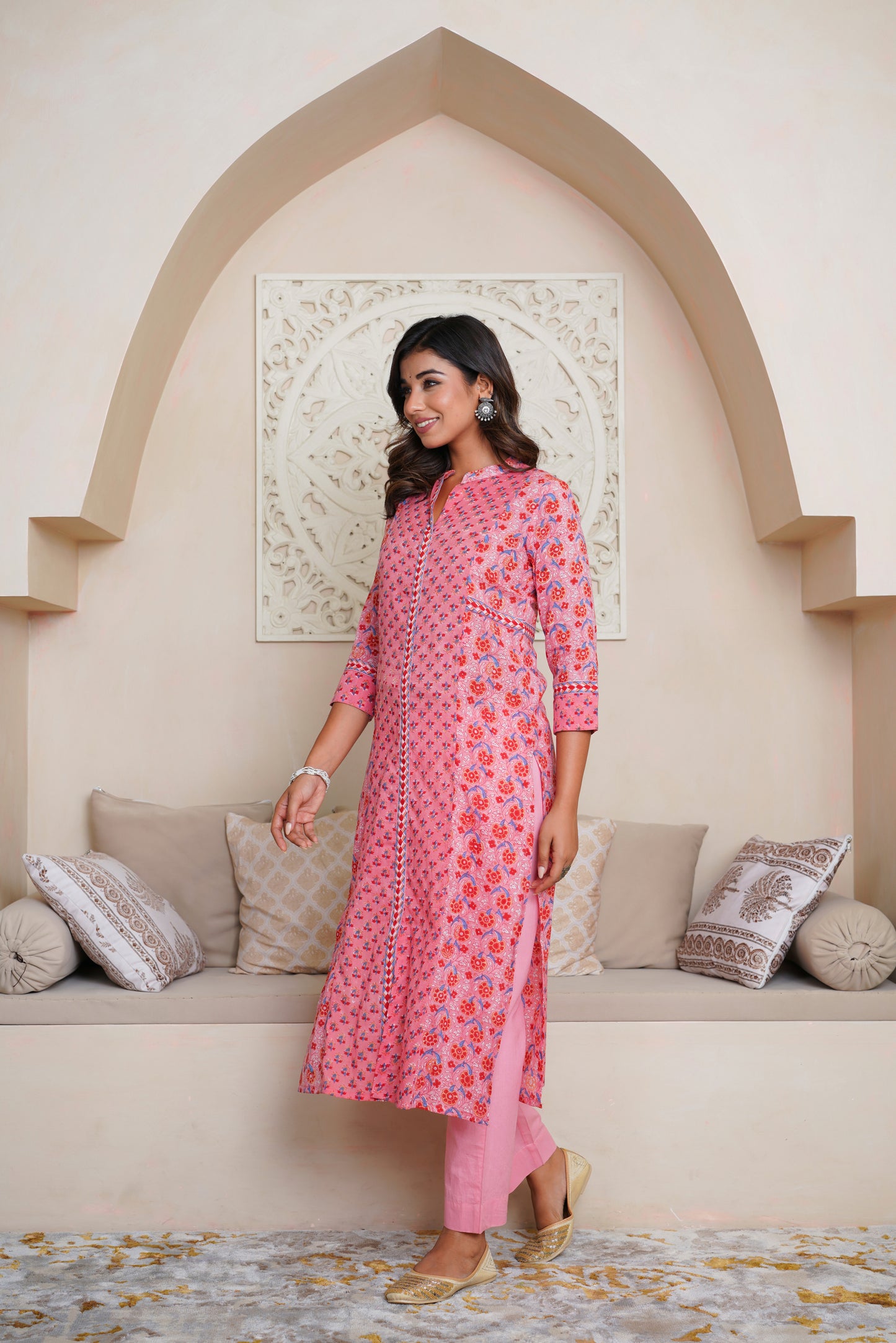 PINK HAND BLOCK PRINTED PRINCESSS LINE KURTA