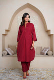 MAROON COTTON FLAX KURTA WITH PANTS , EMBELISHED WITH HAND WORK BUTTONS AND PATCH