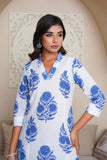 WHITE & BLUE HAND BLOCK PRINTED KURTA PLAZO SET