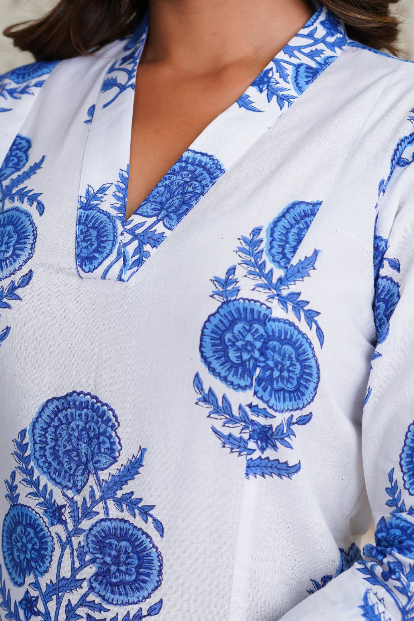 WHITE & BLUE HAND BLOCK PRINTED KURTA PLAZO SET