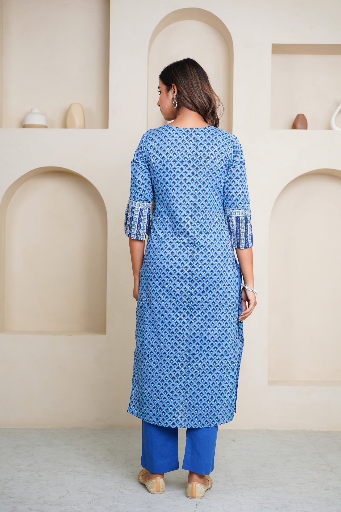 BLUE HAND BLOCK PRINTED STRAIGHT KURTA , EMBELISHED WITH GOTA PATTI WORK