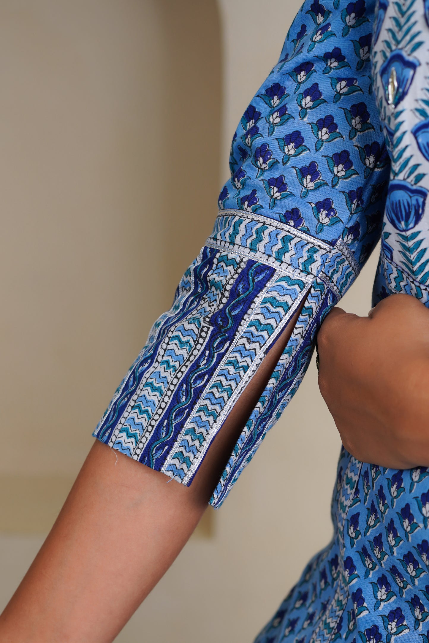 BLUE HAND BLOCK PRINTED STRAIGHT KURTA , EMBELISHED WITH GOTA PATTI WORK