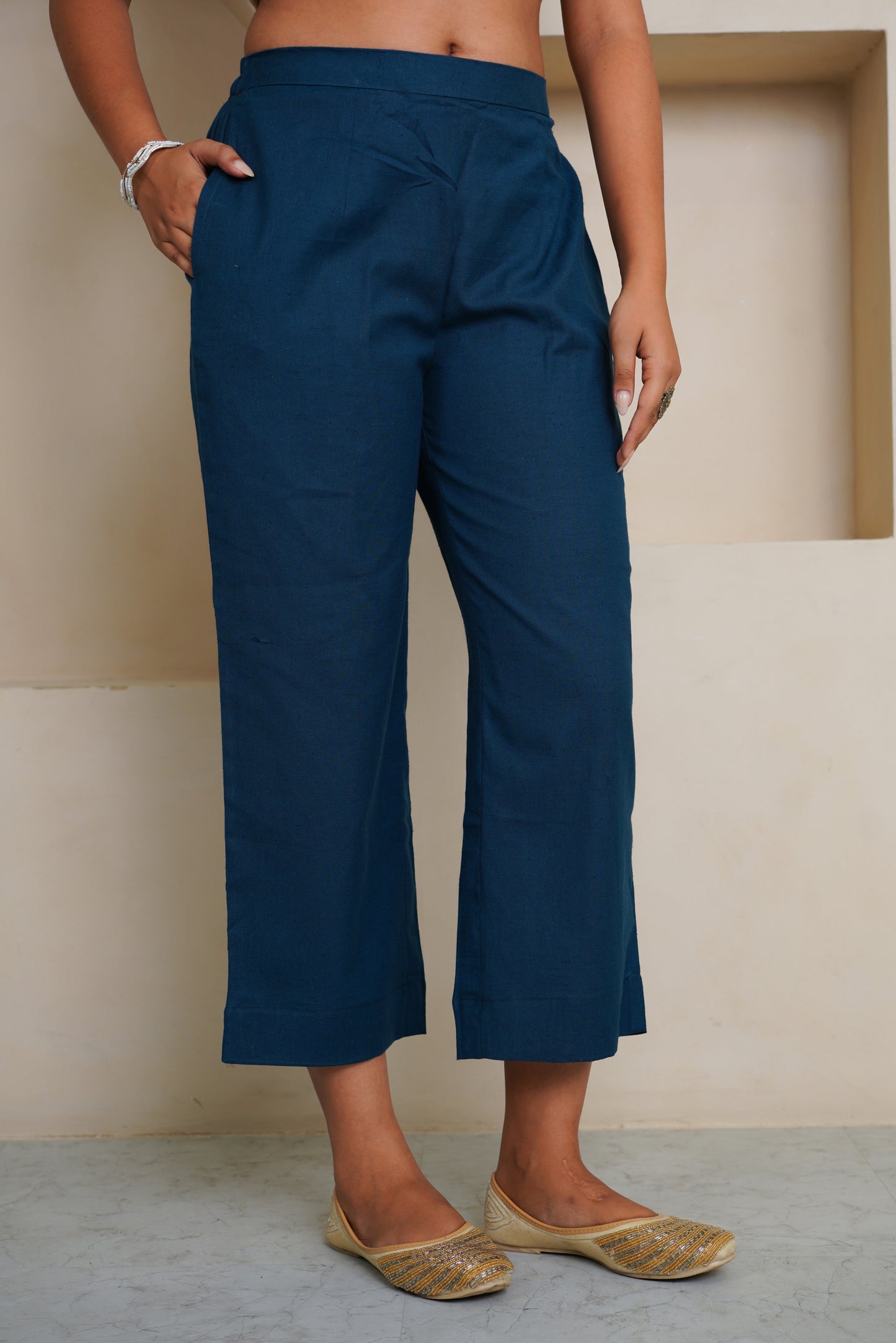 BLUE COTTON FLAX KURTA WITH PANTS , EMBELISHED WITH HAND WORK BUTTONS AND PATCH