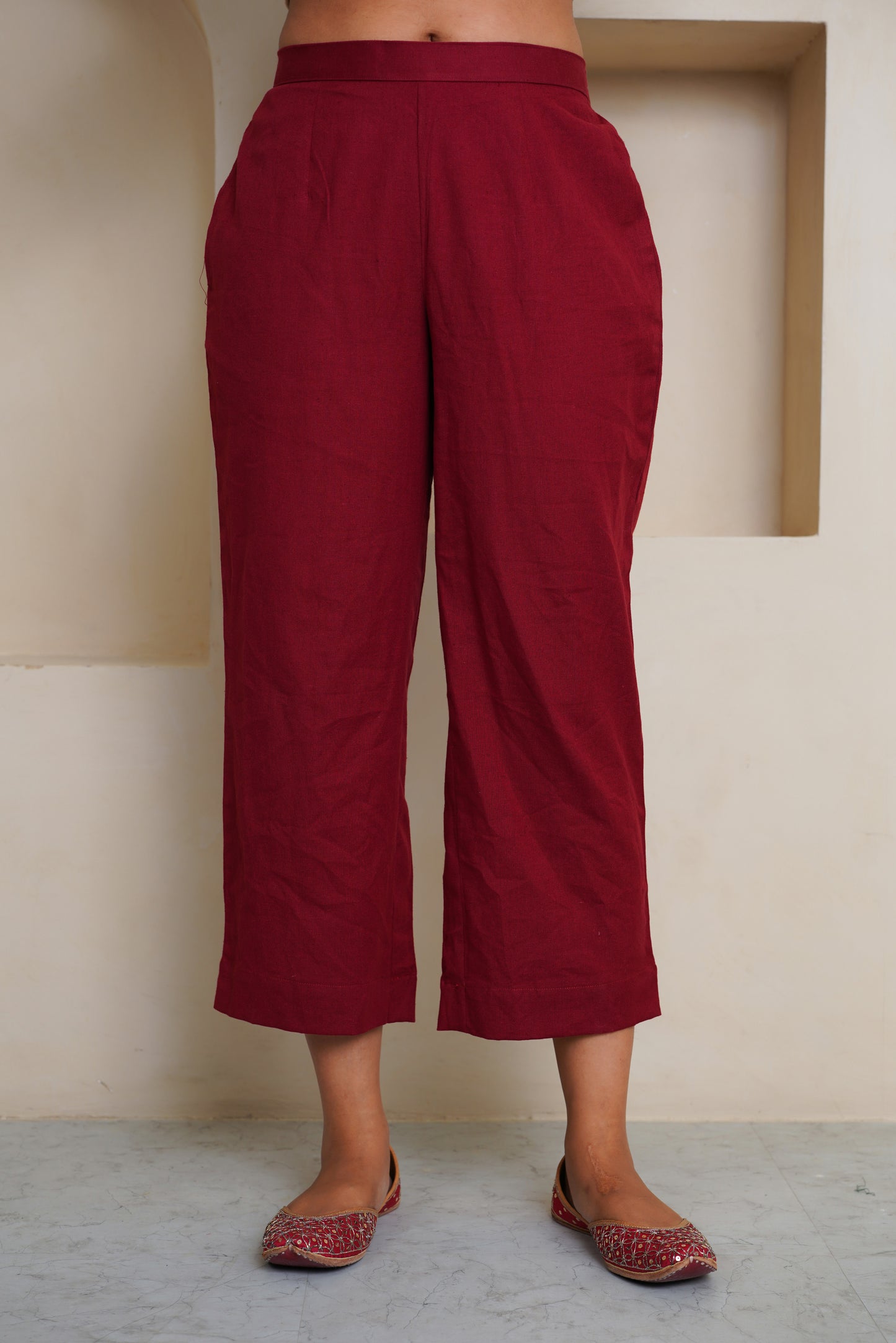 MAROON COTTON FLAX KURTA WITH PANTS , EMBELISHED WITH HAND WORK BUTTONS AND PATCH