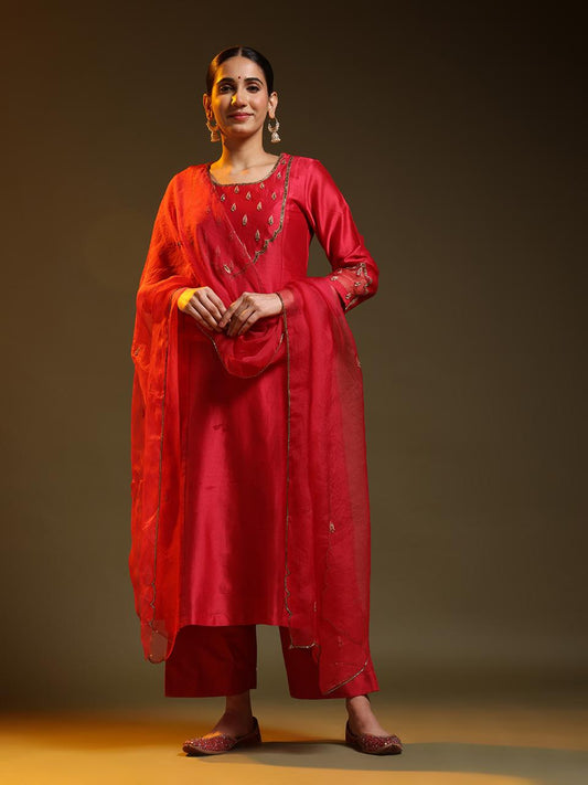 Red Festive Chanderi Suit