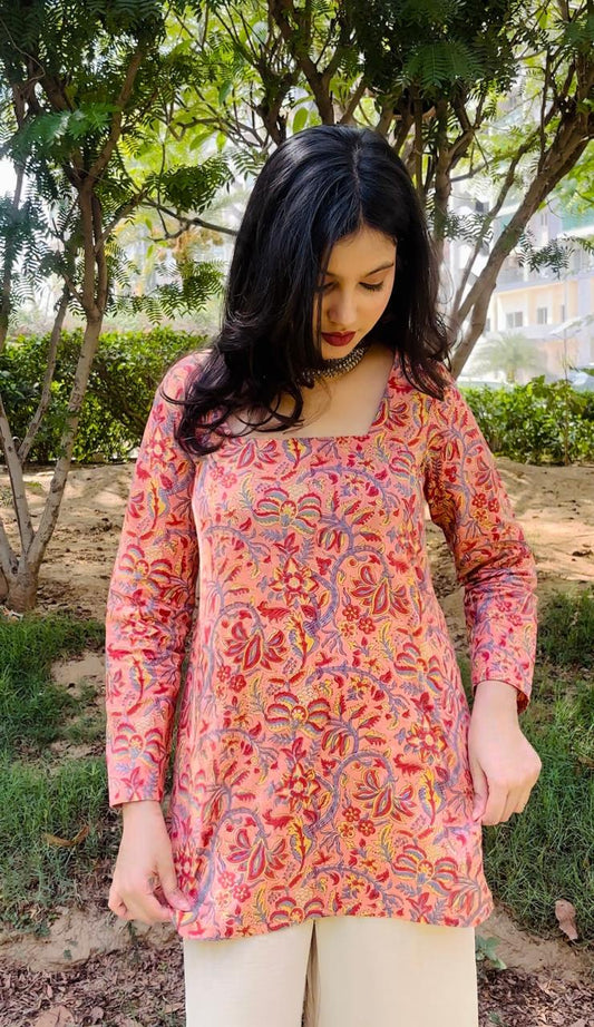 Peach Floral Corset Short Kurti