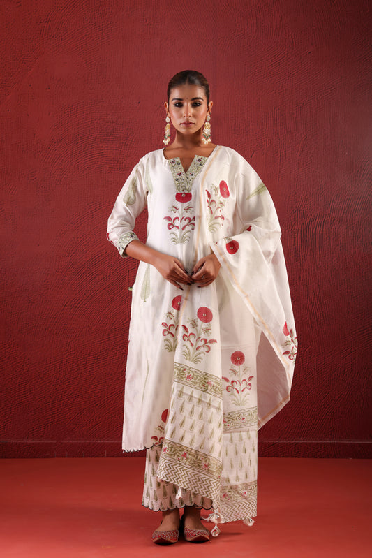 White-Red Chanderi Straight Line Kurta