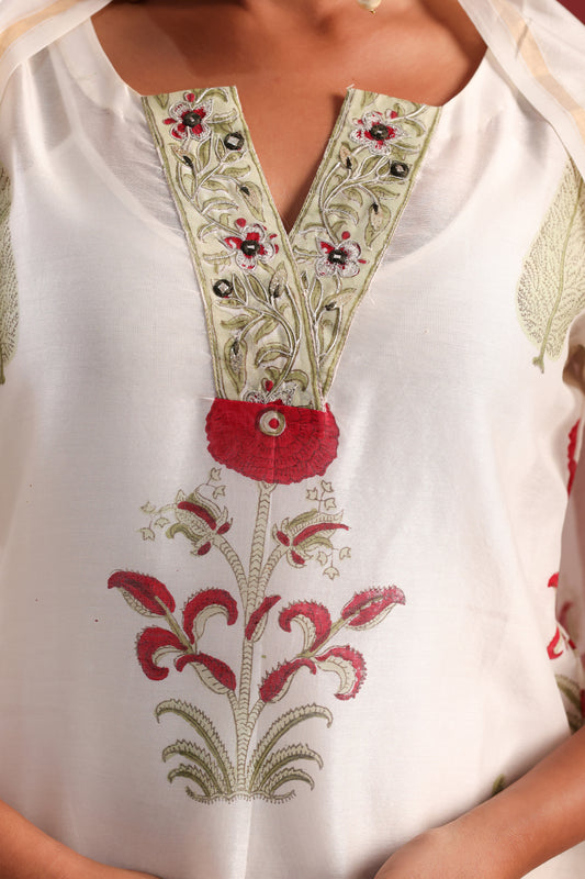 White-Red Chanderi Straight Line Kurta