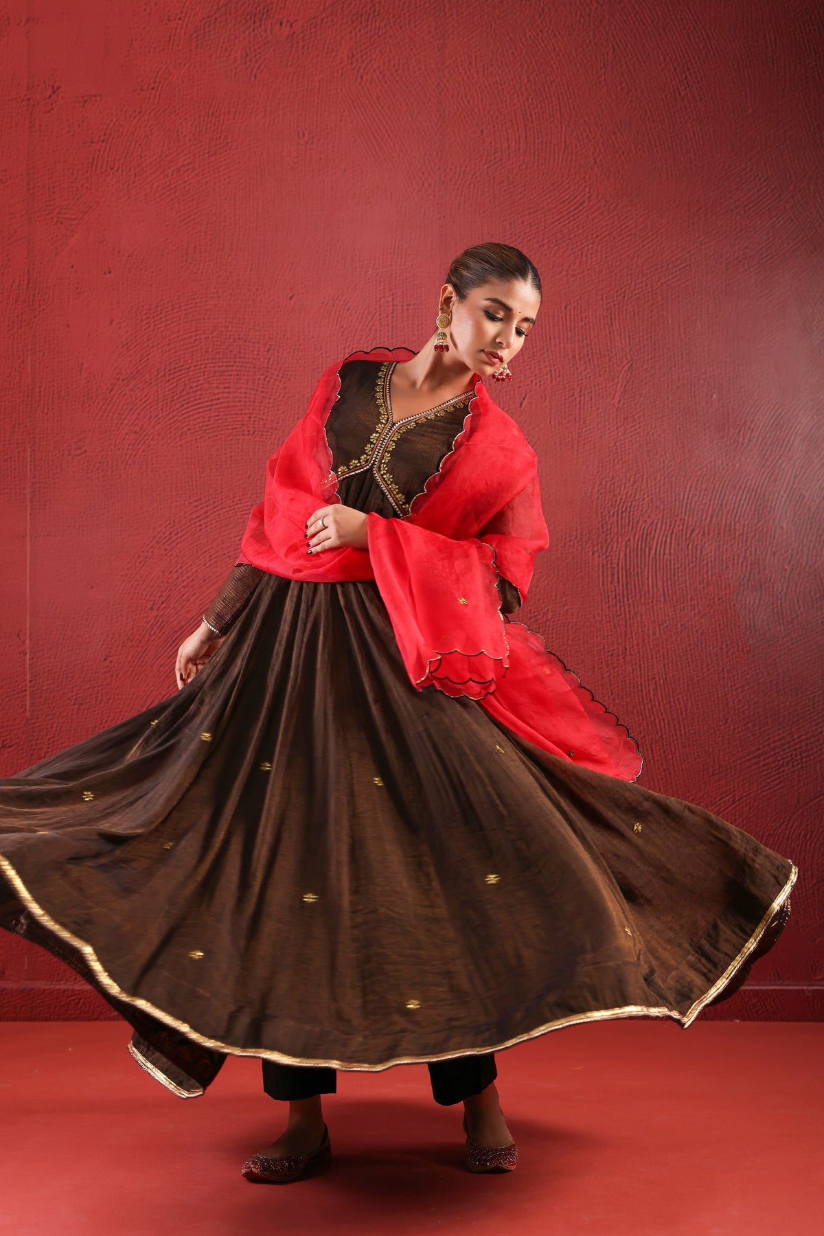 Black Brownish Zari Anarkali Suit