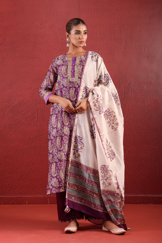 Purple Chanderi Block Print Suit