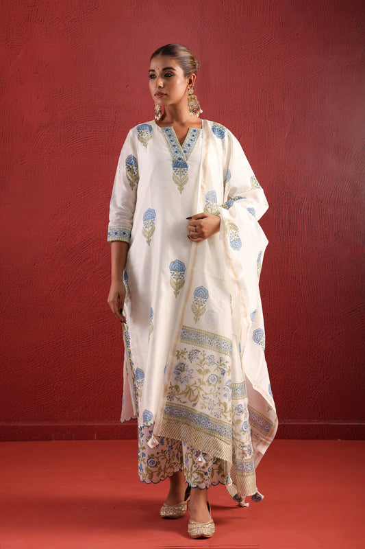 WHITE CHANDERI STRAIGHT LINE SUIT