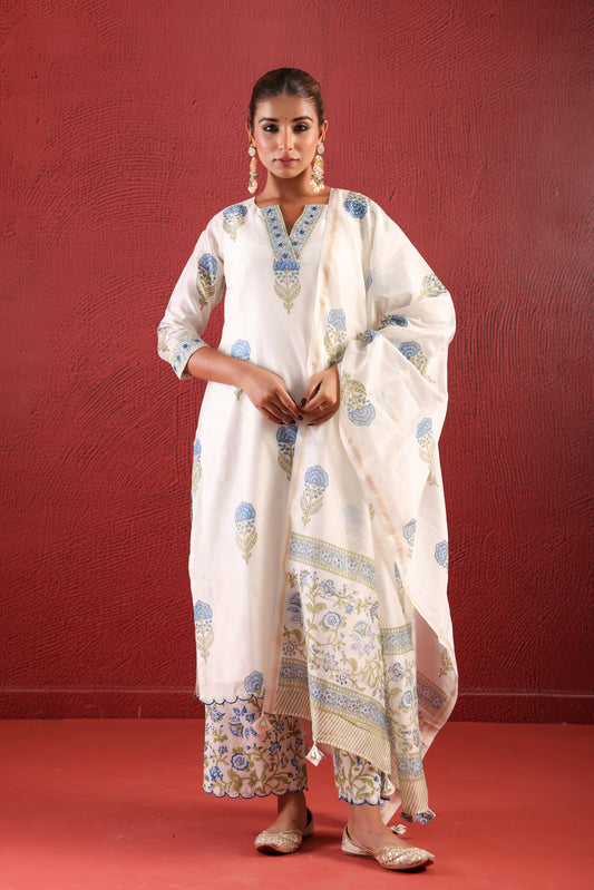 WHITE CHANDERI STRAIGHT LINE SUIT