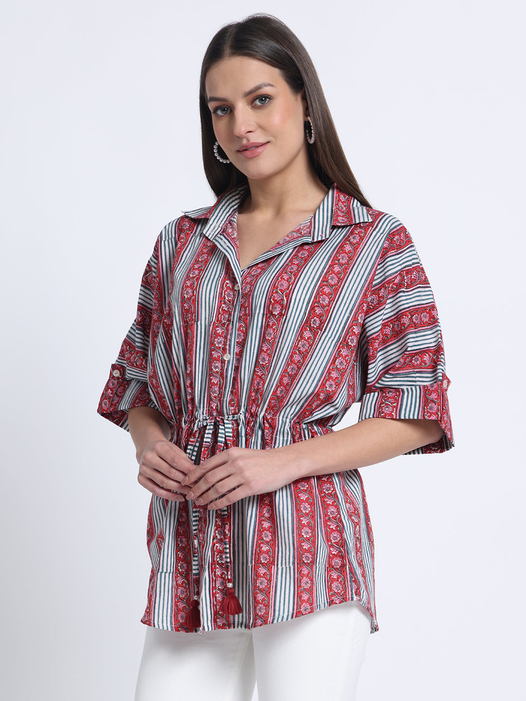 Pink Hand Block Printed Kaftan Style Shirt