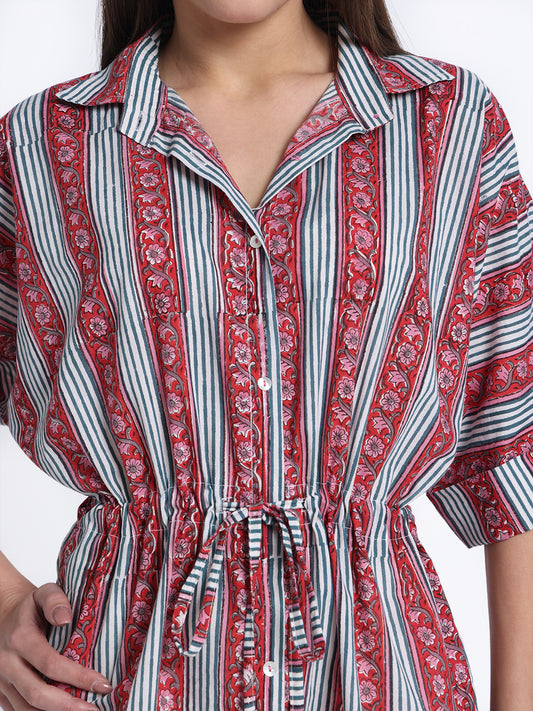 Pink Hand Block Printed Kaftan Style Shirt