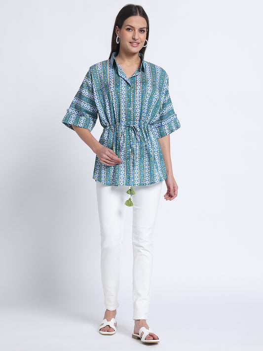 Blue-Green Hand Block Print Kaftan Style Shirt