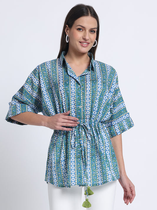 Blue-Green Hand Block Print Kaftan Style Shirt