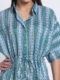 Blue-Green Hand Block Print Kaftan Style Shirt