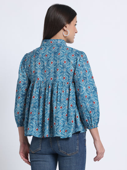 Blue Block Printed Short Top