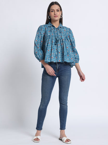 Blue Block Printed Short Top