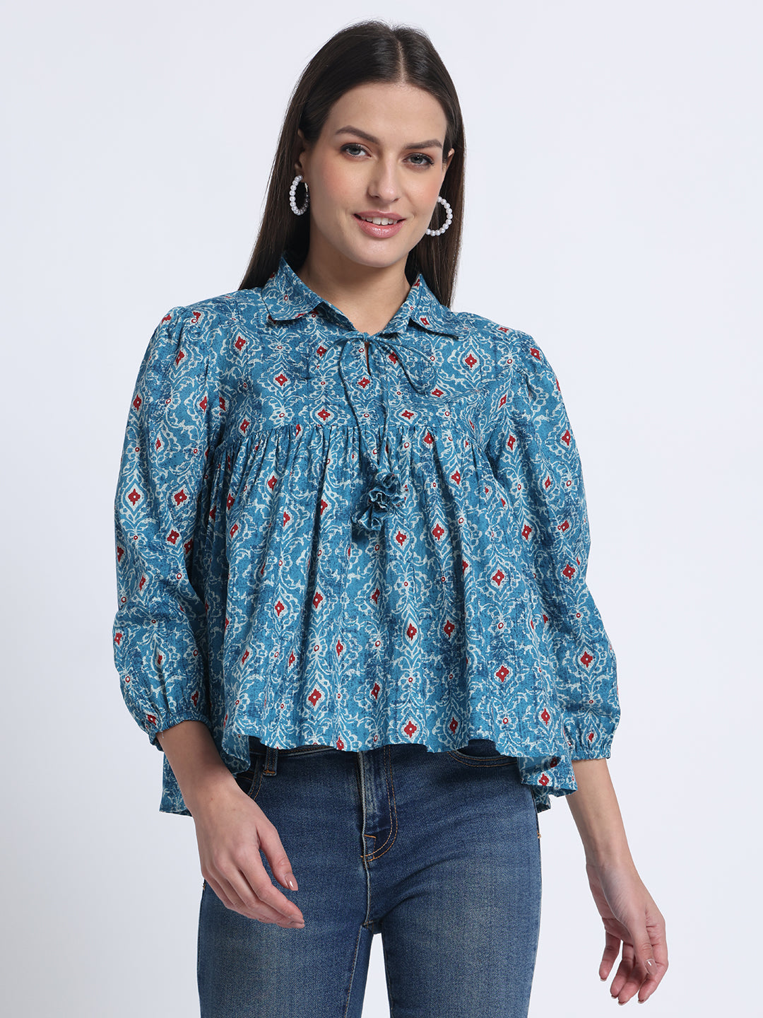 Blue Block Printed Short Top