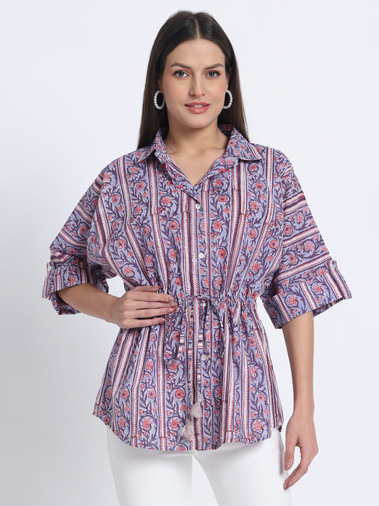 Purple Block Print Kaftan Style Shirt