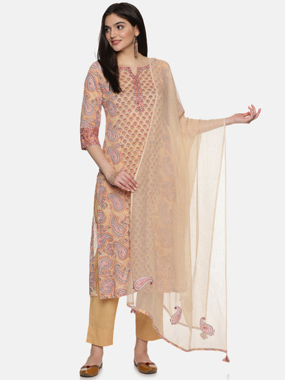 BEIGE KHAKHI PANEL KURTA SET