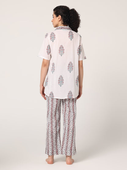 WHITE- GREY  HAND BLOCK PINTED FULL NIGHT SUIT