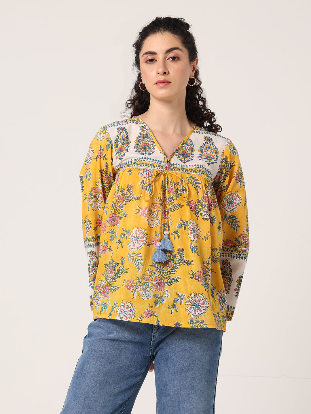 YELLOW HAND BLOCK PRINTED TOP
