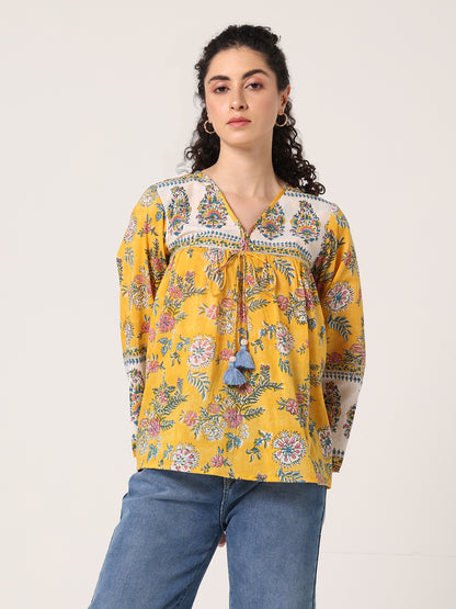 YELLOW HAND BLOCK PRINTED TOP
