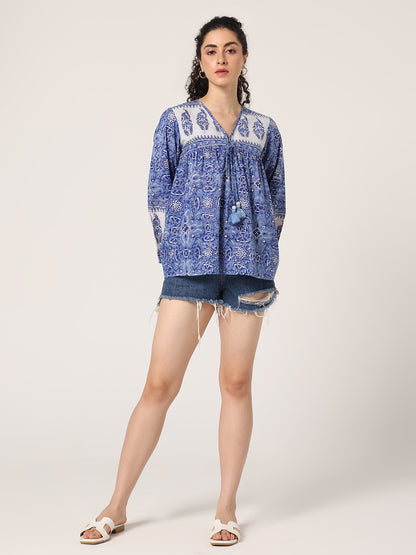 BLUE HAND BLOCK PRINTED TOP
